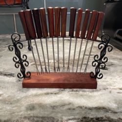 Vintage Cocktail 12 Pc Set With Stand Stainless Steel Wood Handle Japan Made 