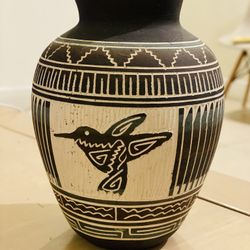 Native American signed hummingbird art vase