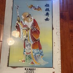 Mid Century Chinese Reverse Glass Painting Shou Xing 寿星Longevity God Hong Kong