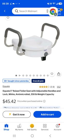 Equate 5" Raised Toilet Seat with Adjustable Handles and Lock, White, Antimicrobial, 350 lb Weight Capacity