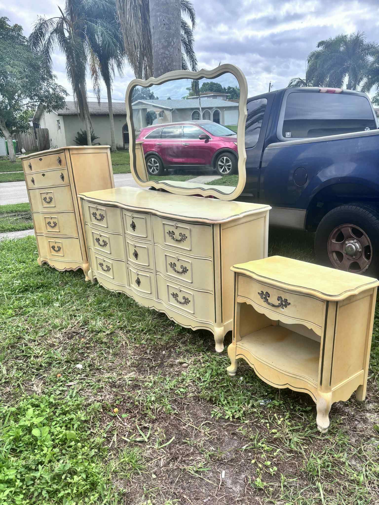 Vintage French Provincial Bedroom Set Dresser With Mirror Upright Chest Nightstand 61”Lx20”Wx33”H Dresser 24”Lx15”Wx24”H Nightstand 34.5”Lx18”Wx47”H