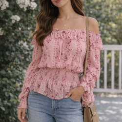 No Boundaries Pink Floral Off-Shoulder Ruffle Top – Size L/G (11–13)