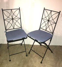 SET OF TWO BEAUTIFUL WROUGHT IRON FOLDING GARDEN CHAIRS WITH CUSHIONS