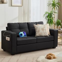 TYBOATLE 65" Faux Leather Loveseat for Living Room, Comfy Mid-Century Modern Tufted Loveseat w/USB