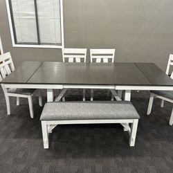 Farmhouse Dining White And Grey Table With Bench 