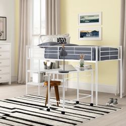 Platform Loft Bed With Shelves & Mobile Desk With Wheels