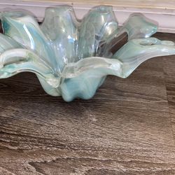 MURANO ITALY TURQUOISE WHITE SWIRL HANDBLOWN EXTRA LARGE GLASS CONSOLE BOWL 18"