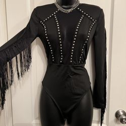 NWT- DIY Costume /rave  Outfit Idea Mesh Fringe Body Suit 🖤 (rock&roll/disco/cowgirl/costume /rave Wear/ Beyond)