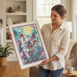 Hollyhocks and Hummingbirds Vibrant  Rich Saturated Colors 18" X 12" Lithograph Signed and numbered by the Artist. Hung on a matte border 16" X 20".  