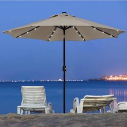 9FT Solar Powered Patio Umbrella - UV Protection Market Table Umbrella w/ 32 LED Lights & Push Button Tilt & Crank Lift System for Garden/Lawn/Deck/Ba