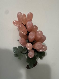Vintage Carved Rose Quartz Grape Cluster with Jade leaves