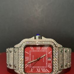 Cartier Moissanite Diamond Watch Red Dial 40mm Custom Luxury Mens