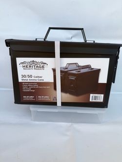 The Heritage Security Products 30/50 Caliber Metal Ammo Cans are a two-pack set of robust, military-style steel storage boxes. These boxes feature rub