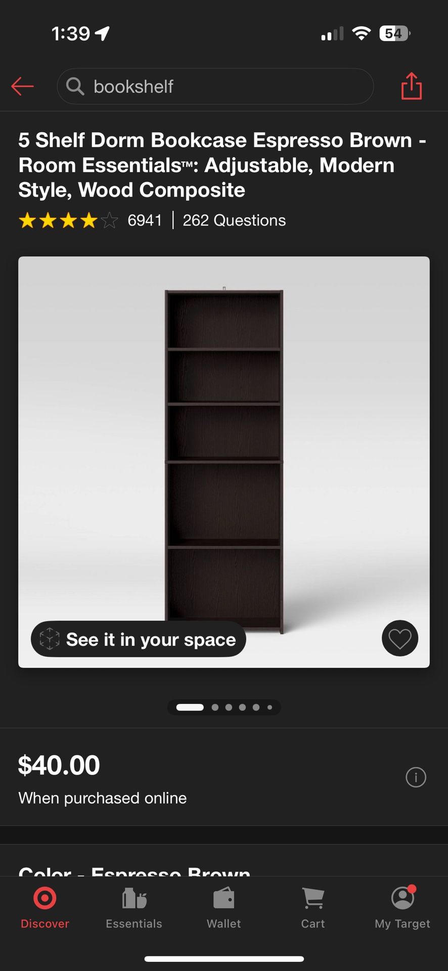 Espresso colored five shelf bookshelf