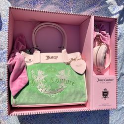 New Pink Green Juicy Couture Purse Scottie Dog Tote Bag Velour Vintage Style