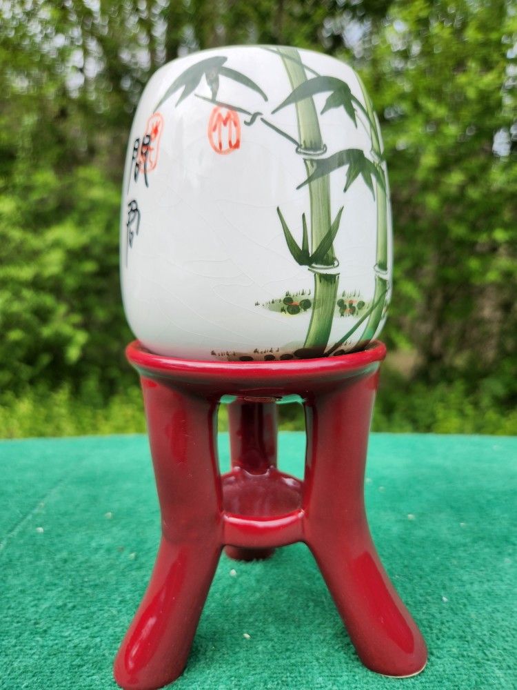 Vintage AAA Imports Inc. Decoware Chinoiserie Painted Bamboo and Script Pottery Planter