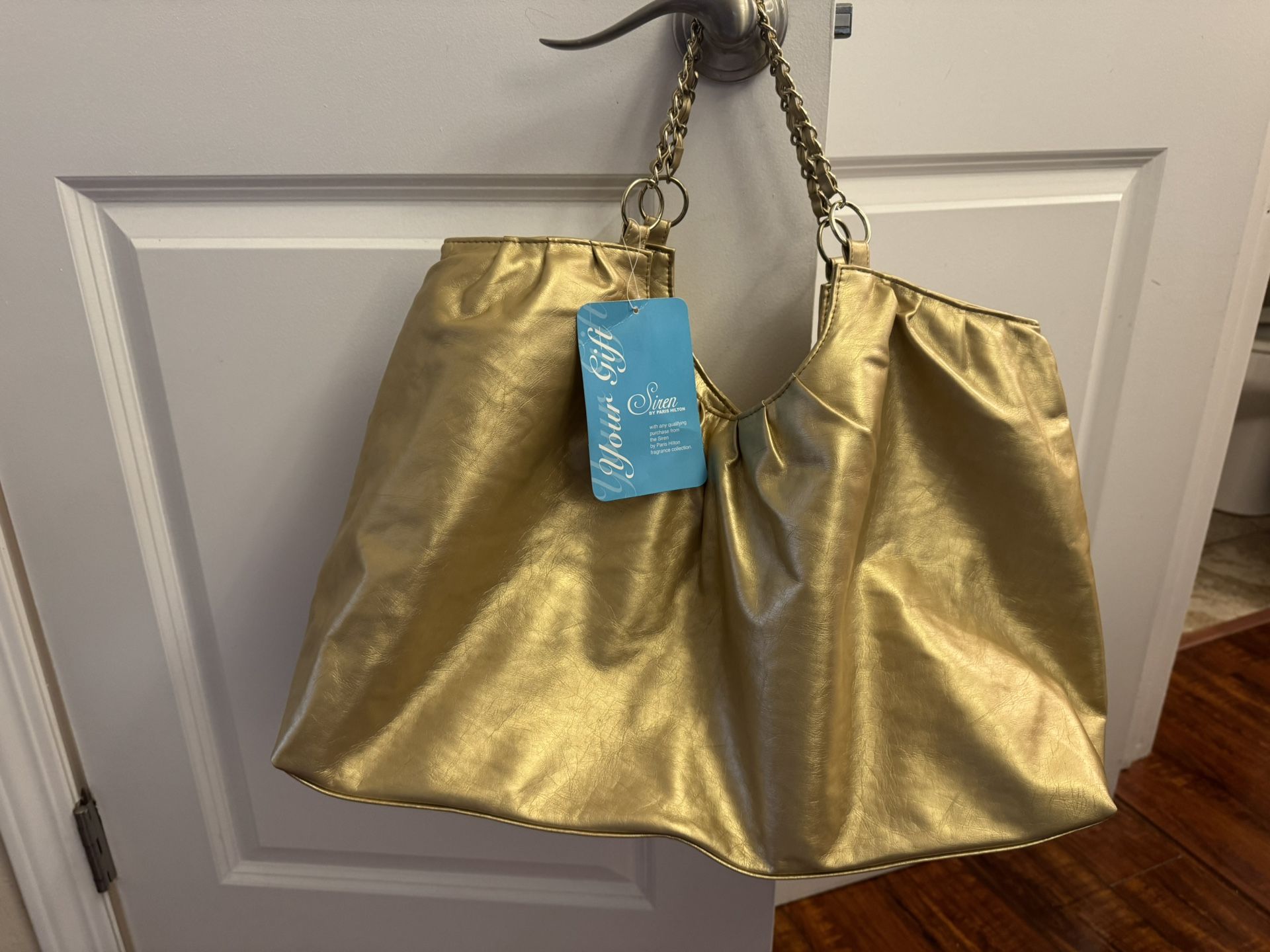Paris Hilton Gold Metallic Chain Strap Faux Leather By Siren Fragrance Handbag