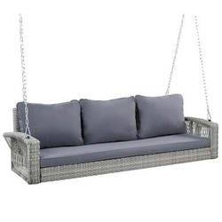 New Assembled 3-Person PE Rattan Porch Swing with Cushions & Chains 69" Outdoor Patio Hanging Swing