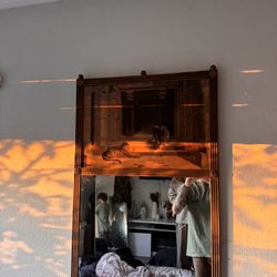 Selling a beautiful vintage-style wall mirror with a detailed leopard artwork panel at the top.