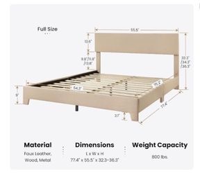 Beige upholstered full size bed frame with headboard