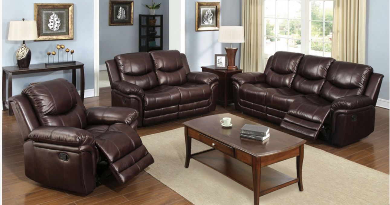 Brown Leather Fully Reclining Three Piece Couch Set