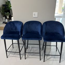 Navy Velvet Stool Chairs (Excellent) - $240 For 3