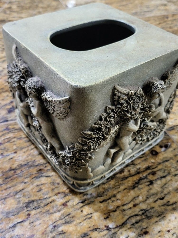 🕊️ Vintage Cherub Tissue Box Cover – Ornate Stone-Style Design