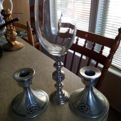 VAGABOND HOUSE PEWTER WINE GOBLET AND WILTON CANDLESTICKS