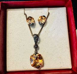 Vintage -Art Deco Citrine -925-Gold Overlay 15” Necklace & Earing Set /C