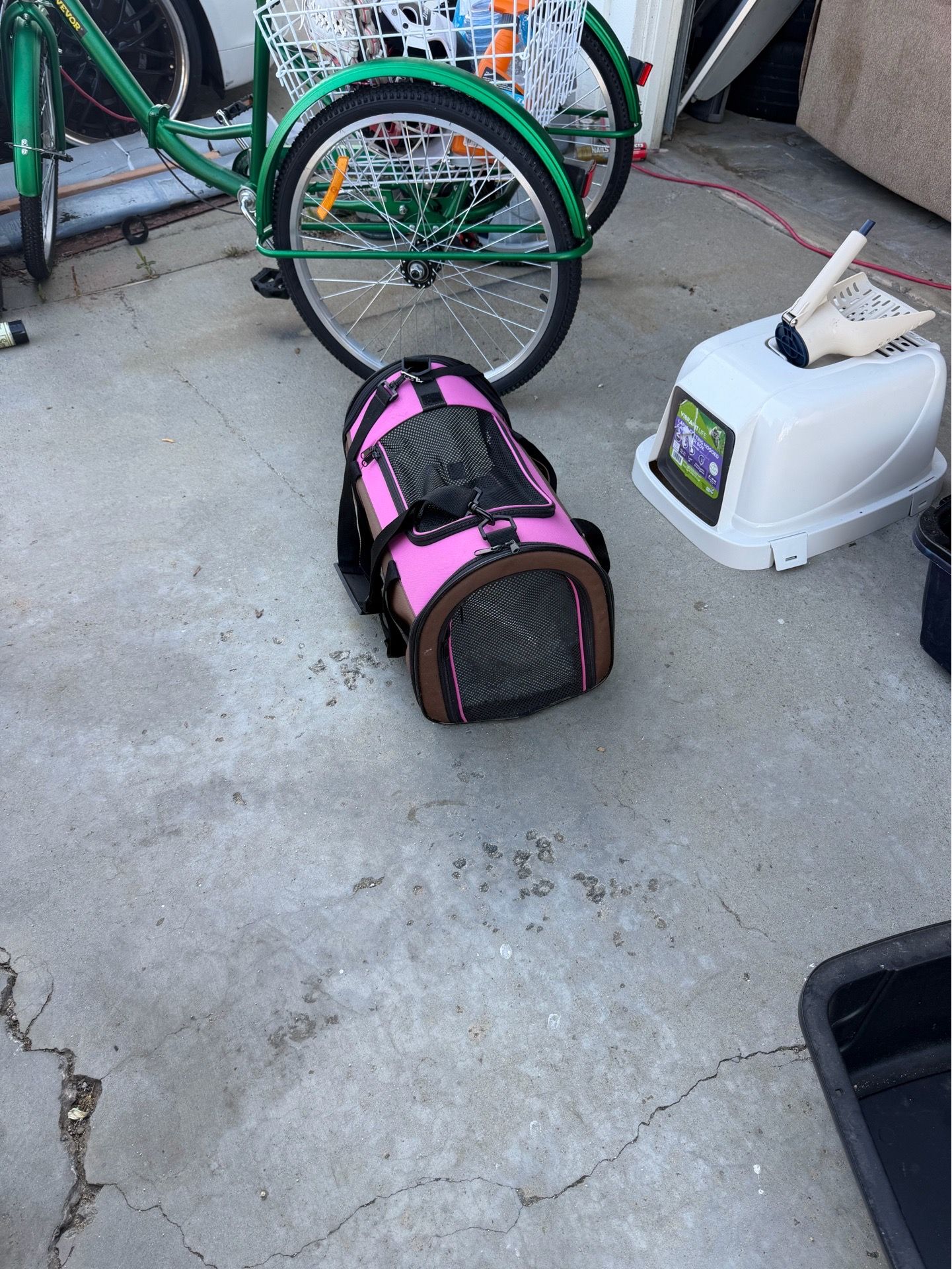 Cat bag, litter box, and cage