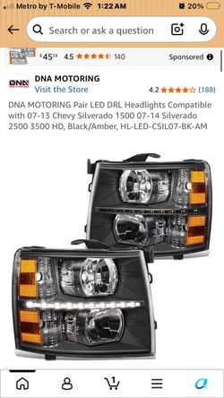 DNA MOTORING Pair LED DRL Headlights Compatible with 07-13 Chevy Silverado 1500 07-14 Silverado 2 HD, Black/Amber, HL-LED-CSIL07-BK-AM