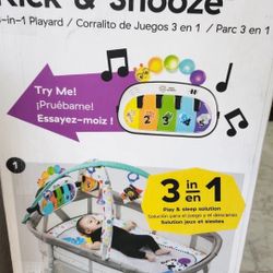 Baby Einstein Kick & Snooze 3-in-1 Foldable Playard with Bassinet, Gym, and Bedside Sleeper, 0+ Months