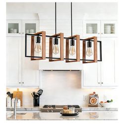 4-Light Farmhouse Kitchen Island Pendant Chandelier – Wood & Black Metal – New