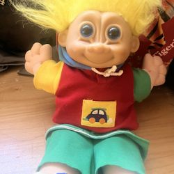 ⭐️ Vintage 90’s TROLL Retro RUSS Plush 1990’s DOLL TOY Yellow Hair Car Jumper ⭐️