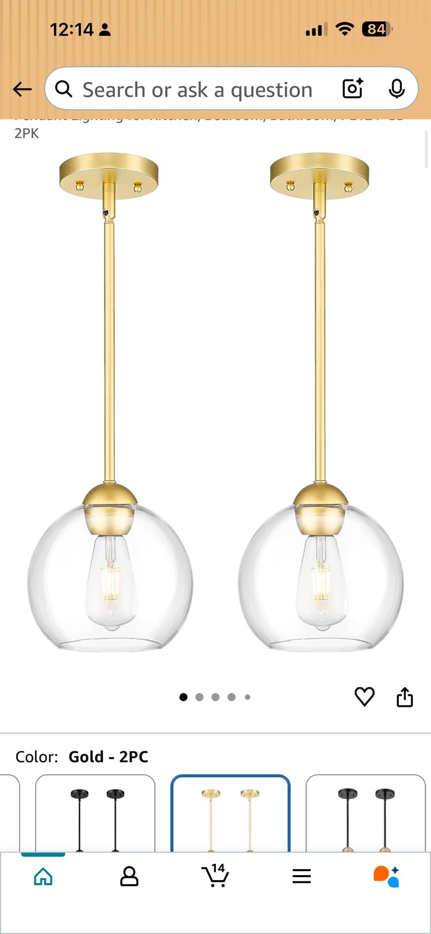 2 Pack Gold Pendant Light Fixtures, 7 Inch Globe Pendant Lights Kitchen Island with Clear Glass, Modern 1 Light Pendant Lighting for Kitchen, Bed