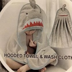 Hooded shark Bath Towel And Washcloth Set , NEW!