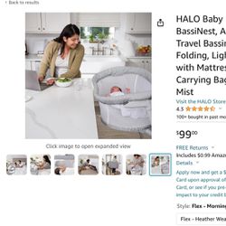 brand New HALO Baby Flex BassiNest, Adjustable Travel Bassinet, Easy Folding, Lightweight with Mattress and Carrying Bag, Morning Mist