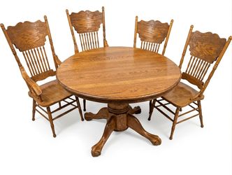 Antique Solid Oak Dining Set - Round to Oval Pedestal Table + 8 Chairs