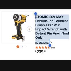 ATOMIC 20V MAX Lithium-lon Cordless Brushless 1/2 in. Impact Wrench with Detent Pin Anvil (Tool Only) by DEWALT