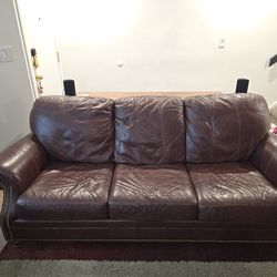 Ethan Allen Genuine Leather Sofa – Classic Rolled Arm with Nailhead Trim