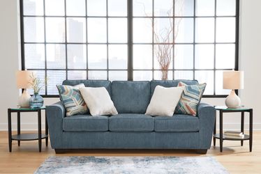 Blue Fabric 3-Seat Sofa with Throw Pillows