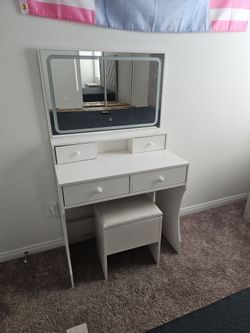 White Vanity Desk with LED Mirror and Stool