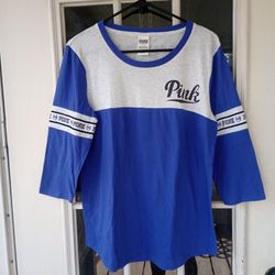 Victoria Secret PINK Blue Gray 3/4 Sleeve Cotton Raglan Baseball T-Shirt L