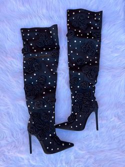 Black Over-the-Knee Stiletto Boots with Roses