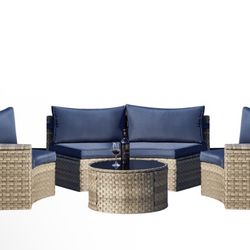 7 Piece Outdoor Patio Half Moon Furniture Sets, PE Wicker Sectional Furniture, Conversation Sofa Set with Tempered Glass Round Table, Side Tables, Thi