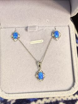 Solid Sterling Silver 925 Blue Opal Earrings And Pendant Set
