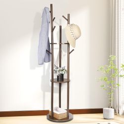 New Coat Rack Freestanding - Rotating, 3 Shelves, 9 Hooks, Walnut (In Box)