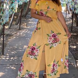 Off Shoulder Floral Maxi Dress Yellow & Pink Flowers