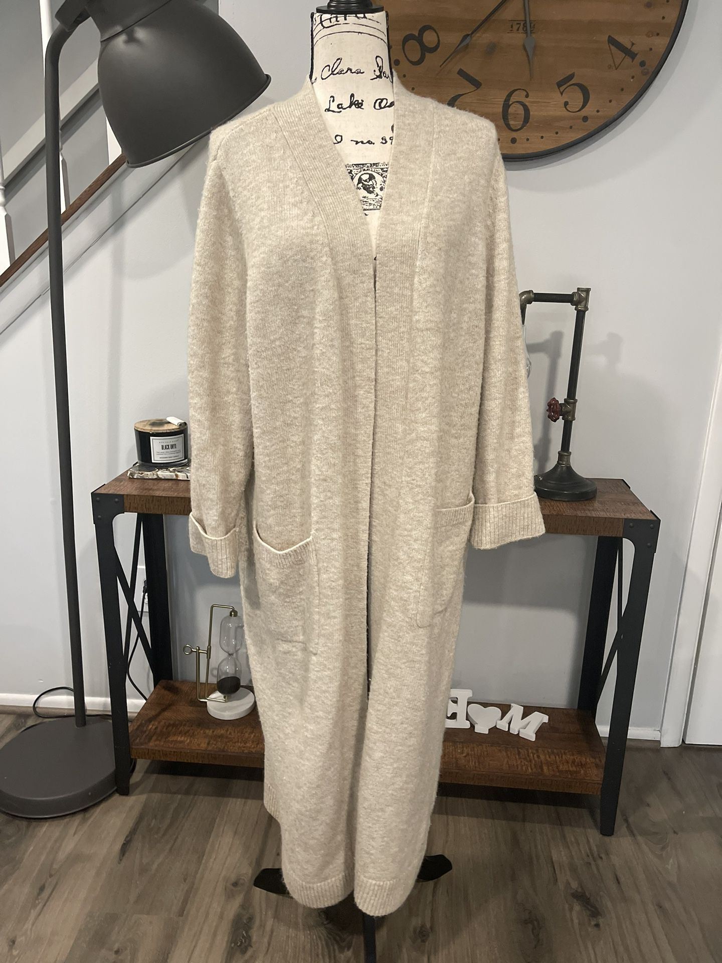 Zara Cardigan Sweater Womens Size Medium Beige Longline Open  Front Pockets
