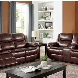 Brand New Super Plush Brown Leather Reclining Sofa & Loveseat 